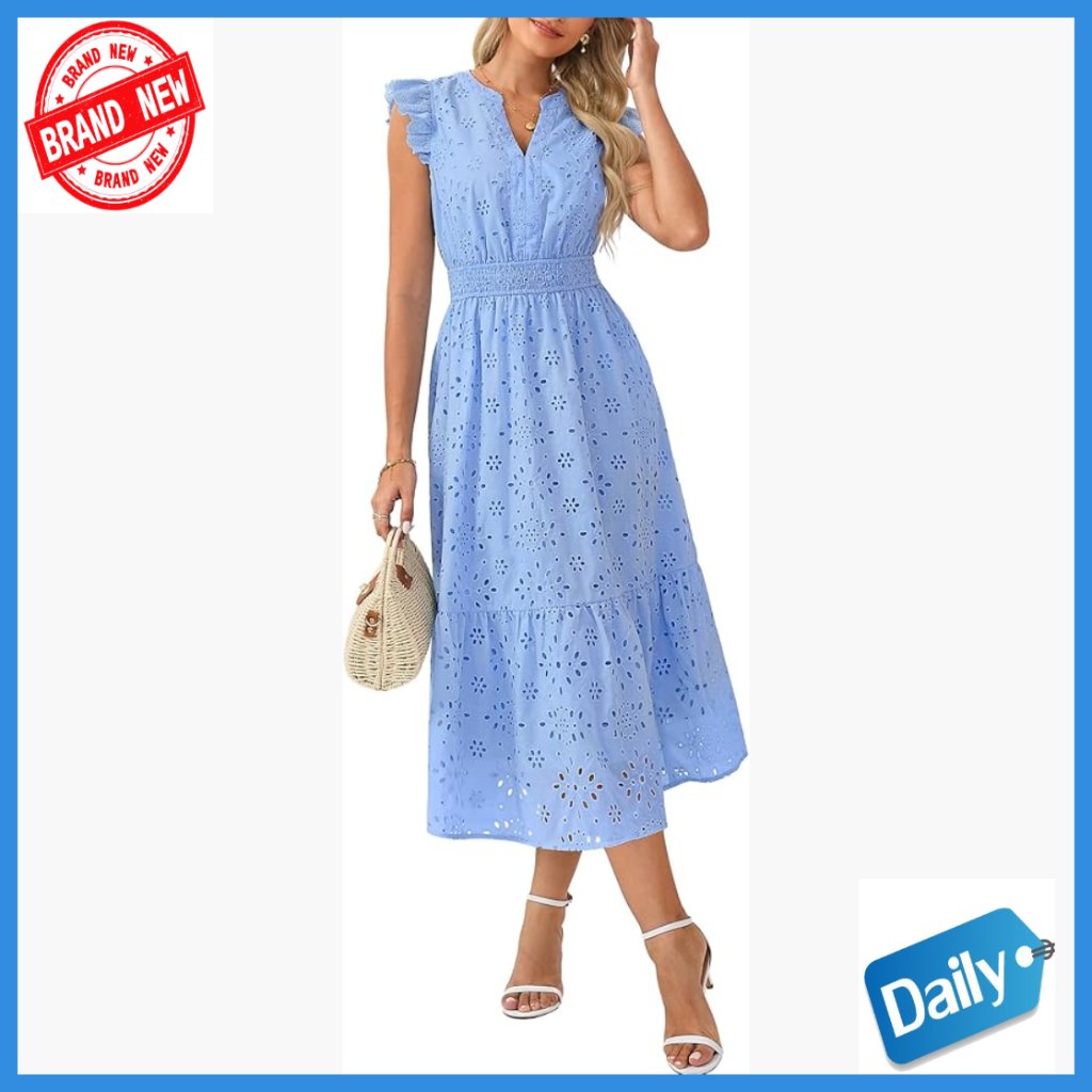 Maxi Dress With Pockets, V-Neck, Eyelet Embroidery, Smocked Waist, Flowy